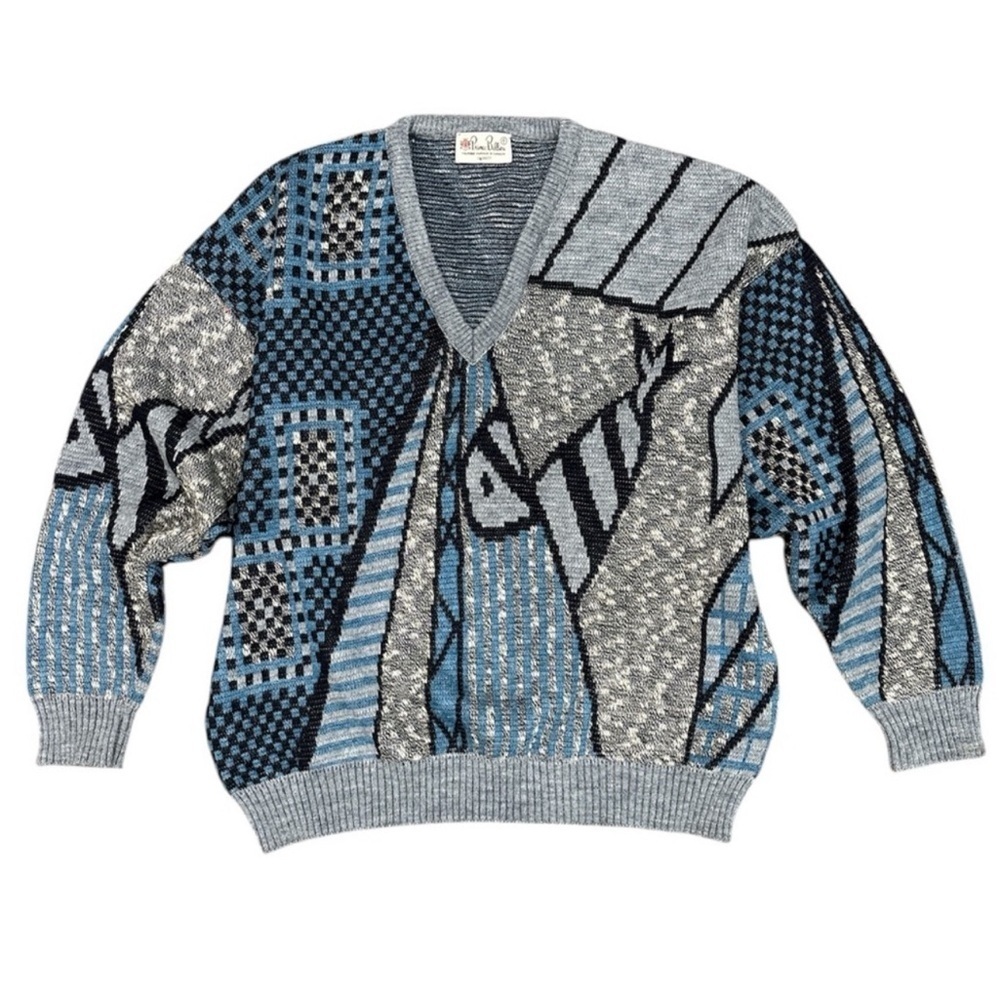 Vintage Blue and Gray V-neck Sweater
